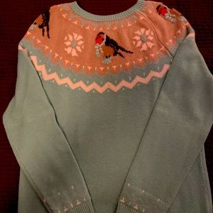 Womens Fair Isle Sweater Mint Green body. Collar in beige/ivory/black/red.